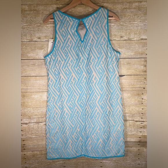 NWT Chelsea & Violet Dress sz L Beige Blue Shift Textured Keyhole Ikat Lined - Picture 2 of 10